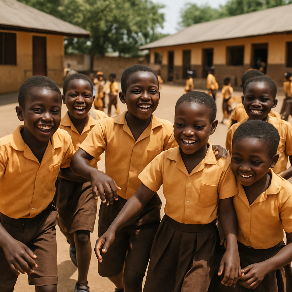 Joyful Ghanaian schoolchildren playing together in a school courtyard