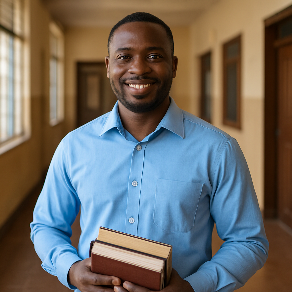 A confident Ghanaian teacher holding books in a school hallway
